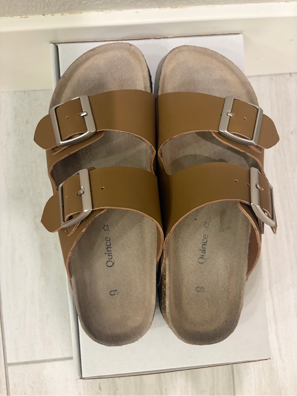 Quince Nappa Double-Buckle Leather Slide Sandals